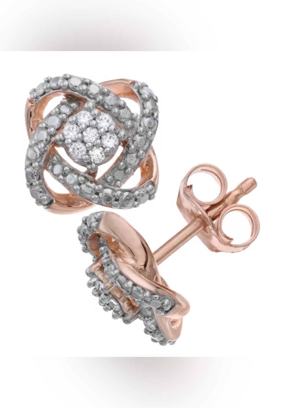 Delicate Rose Gold Love Knot Stud Diamond Earrings